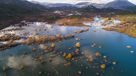 Aerial view of flooded Matica river and surrounding valley near the city of Ploce in Dalmatia, Croatia. - AAEF07632