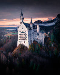 Aerial view of , Hohenschwangau, Bavaria, Germany with the Neuschwanstein castle, clouds and trees - AAEF07647