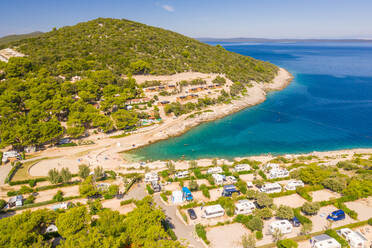 Aerial view of campsite at Poljana beach, Losinj, Croatia. - AAEF07715