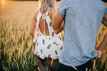 Rückansicht eines jungen Paares, das durch ein goldenes Weizenfeld geht. - ISF23980