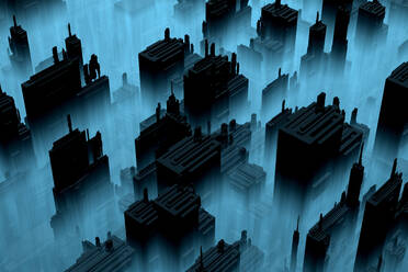 Dreidimensionales Rendering einer verlassenen, in Nebel gehüllten Stadt im Stadtzentrum - SPCF00589