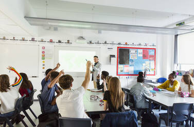 Gymnasiallehrer fordert Schüler mit erhobenen Händen während des Unterrichts im Klassenzimmer auf - CAIF25268
