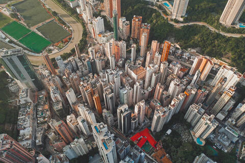 Aerial view of Hong Kong's skyline with highrising apartments, Hong Kong. stock photo