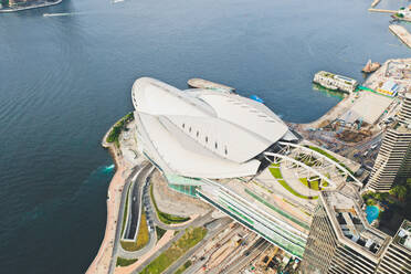 Aerial view of Hong Kong's convention and exhibition centre near the ocean, Hong Kong - AAEF07752