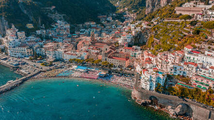 Aerial view of a touristic beach at Amalfi Coast during the summer, Province of Salerno, Italy. - AAEF07778