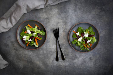 Plates of corn salad with roasted carrot strips, beetroot, Spanish onions and goat cream cheese - LVF08731