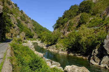 France, Pyrenees-Atlantiques, Itxassou, Nive river flowing in Pas de Roland - LBF02985