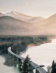 High Angle View Of Lake And Mountains Against Clear Sky - EYF02390