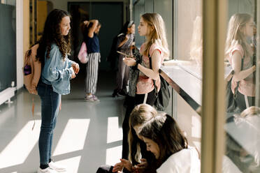 Female students communicating in school corridor during lunch break - MASF17401