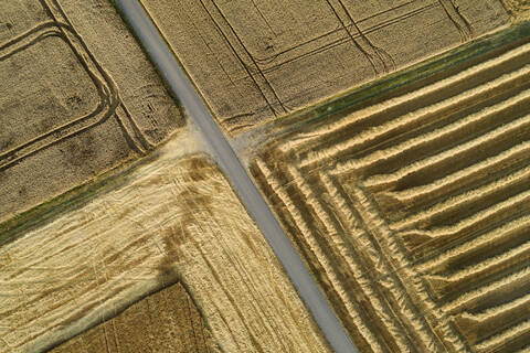 Deutschland, Bayern, Drone Ansicht der Landstraße Schneiden durch gelbe Landschaft Felder im Sommer, lizenzfreies Stockfoto