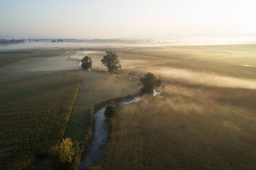 Germany, Bavaria, Drone view of river Aisch and surrounding countryside landscape at foggy sunrise - RUEF02731