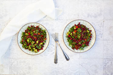 Zwei Teller veganer Salat mit Linsen, Gurke, Paprika, Petersilie und Granatapfelkernen - LVF08742
