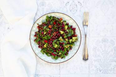 Plate of vegan salad with lentils, cucumber, bell pepper, parsley and pomegranate seeds - LVF08743