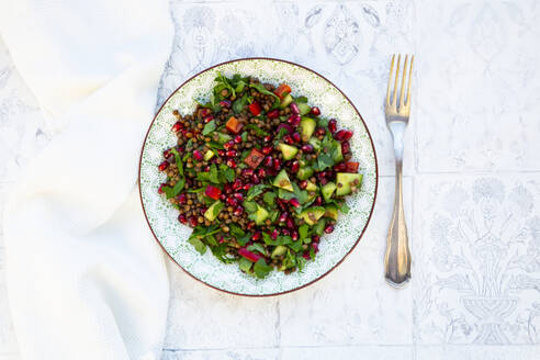 Teller mit veganem Salat mit Linsen, Gurke, Paprika, Petersilie und Granatapfelkernen - LVF08743