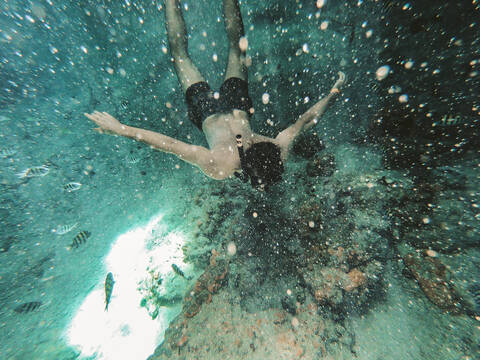 Diving at the Thunderball Grotto (James Bond 007) Bahamas, Exumas, Thunderball Grotto stock photo