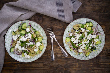 Zwei Teller vegetarischer Salat mit Gurken, Quinoa, Feta-Käse, roten Zwiebeln und Minze - LVF08750