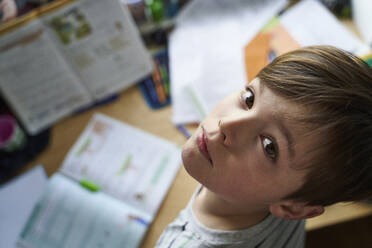 Porträt eines Jungen bei den Hausaufgaben - AUF00340