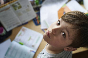 Portrait of boy doing homework - AUF00340