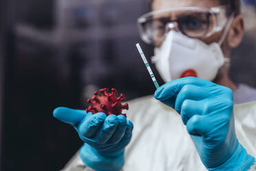 Healthcare worker holding model of Corona Virus and a lateral flow test - MFF05397
