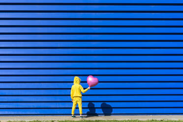 Back view of little girl with pink balloon wearing yellow tracksuit standing in front of blue background - ERRF03248