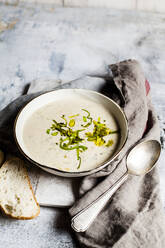 Bowl of cheese soup with bell pepper, leek and minced meat - SBDF04245