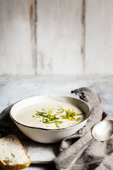 Schüssel Käsesuppe mit Paprika, Lauch und Hackfleisch - SBDF04247