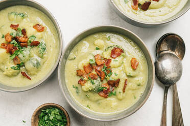 Potato and broccoli soup with bacon table setting - CAVF78014