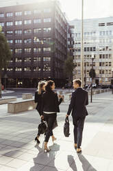 Rückansicht von Unternehmern, die bei einem Spaziergang im Freien eine Geschäftsstrategie diskutieren - MASF17621