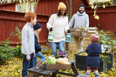 Mann und Frau sammeln frische Produkte aus dem Garten, während Kinder im Hof stehen - MASF17739