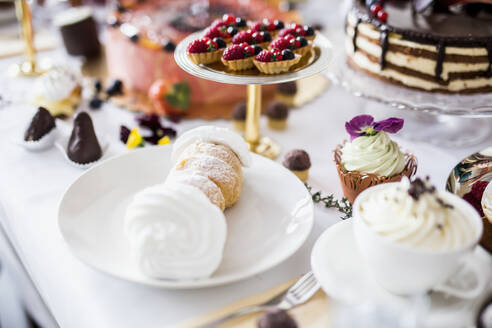 Esstisch gefüllt mit allerlei Snacks und Desserts - DAWF01383