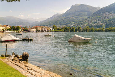 View of the bay at the Lugano in summer with boats in the lake - CAVF78705