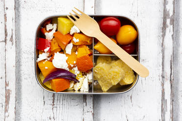 Lunch box with autumn oven baked vegetables, feta cheese and heart shaped polenta - LVF08773