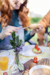 Close-up of couple enjoying a healthy vegan breakfast in the countryside - VSMF00012