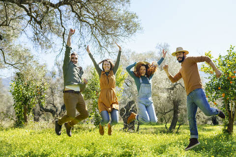 Gruppe von Freunden beim Springen in der Natur, lizenzfreies Stockfoto