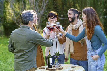 Group of friends toasting with red wine on their getaway in the countryside - VSMF00154