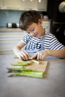 Porträt eines lächelnden kleinen Jungen, der in der Küche grünen Spargel schneidet - HMEF00867