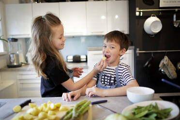 Girl feeding her little brother with potatoes in the kitchen - HMEF00870