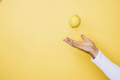 Studioaufnahme der Hand einer Person, die eine Zitrone hochwirft - DAWF01394