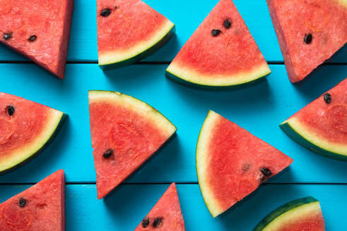 High Angle View of Watermelon Slices On Table - EYF03810