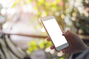 Cropped Hand Of Woman Using Mobile Phone In Balcony - EYF03899