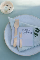 Germany, Plate, cloth napkin and DIY menu with wooden forks - GISF00571