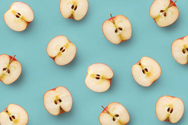 High Angle View Of Fruits Against Blue Background - EYF04223