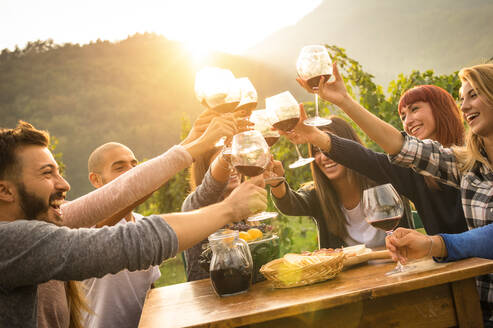 Freunde stoßen mit Weingläsern auf einer Party an - EYF04520