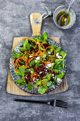 Plate of vegetarian corn salad with feta cheese, carrot strips and beetroot strips - SARF04524