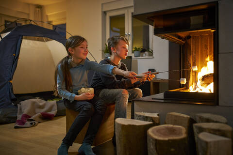 Brother and sister barbecueing and camping in the living room stock photo