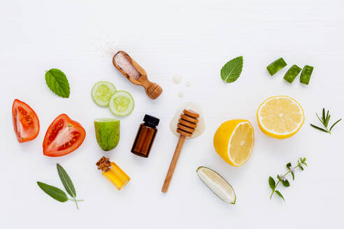 High Angle View Of Various Ingredients On White Background - EYF04586