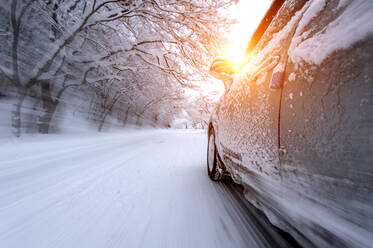 Schneebedeckte Straße inmitten von Bäumen im Winter - EYF04682
