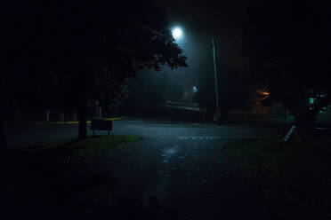 Beleuchtete Straßenlaterne auf Landschaft gegen Himmel bei Nacht - EYF04760