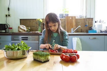 Girl cutting tomatoes on chopping board in kitchen - LVF08810