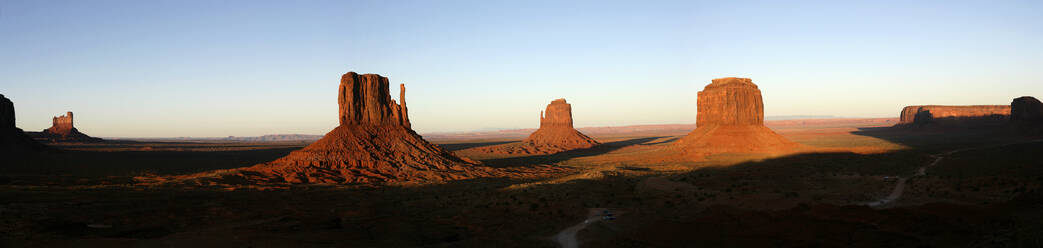 USA, Panorama of Mittens and Merrick Butte at dusk - DSGF01932